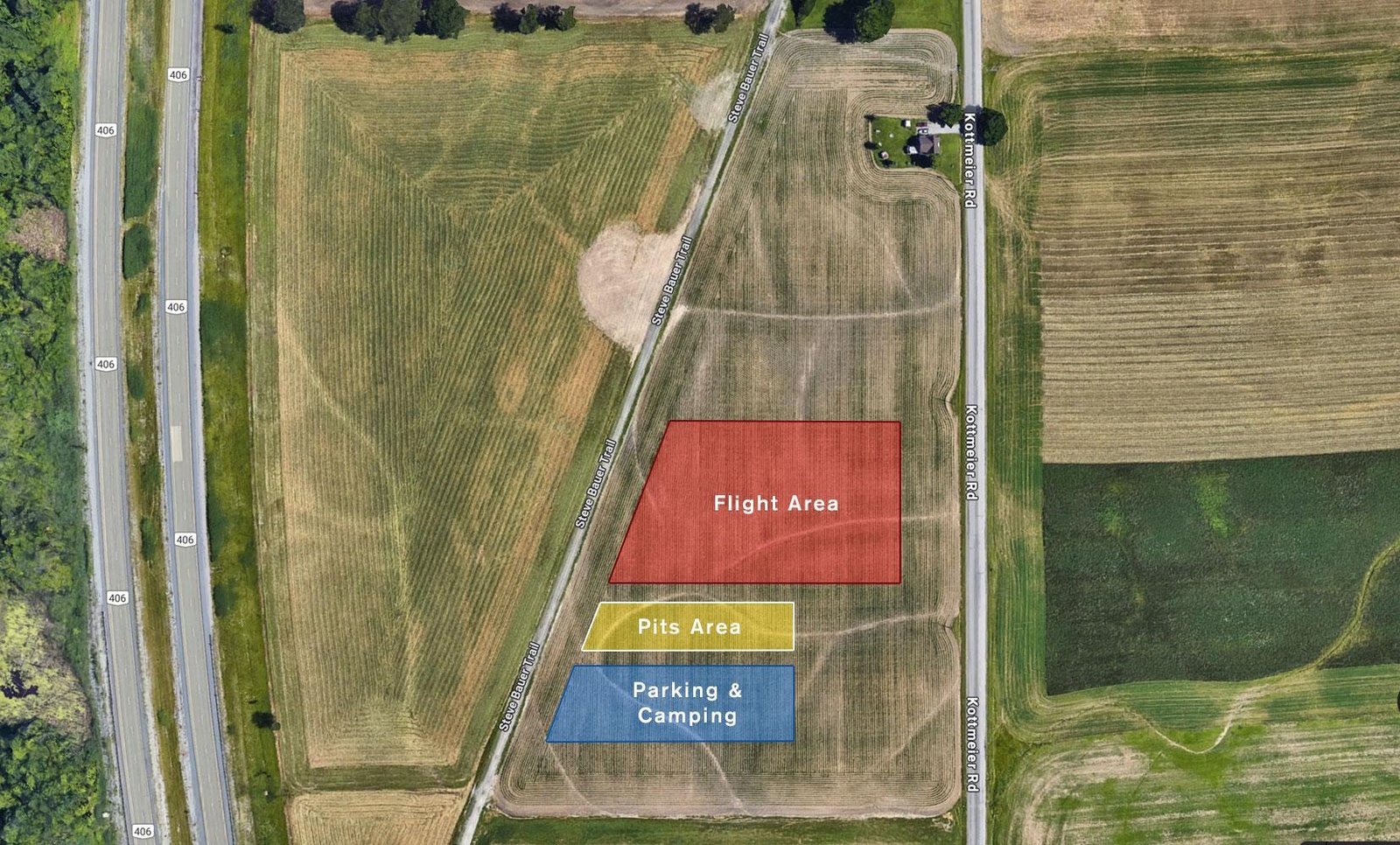 Site plan showing the flight area, pits area, and parking and camping zones at PrecisionFPV Field